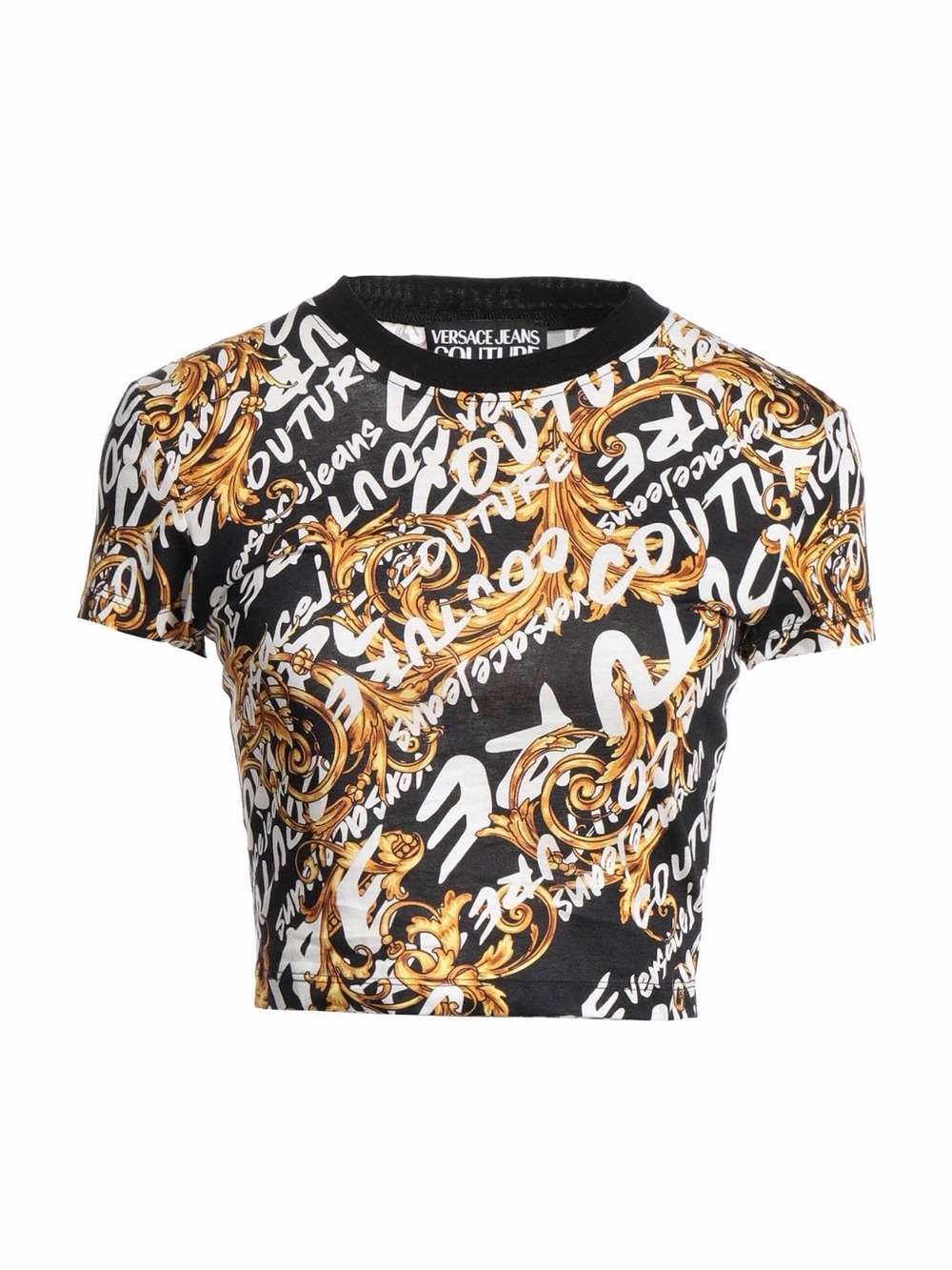 Versace Jeans Collection Black, Gold & White Baroque Script Crop Top
